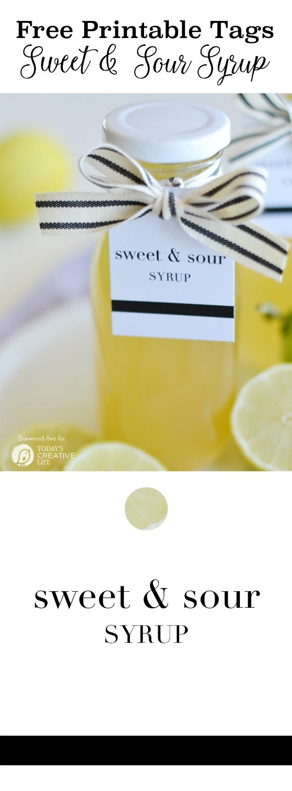 Bottle of lemon syrup with white and black gift tag