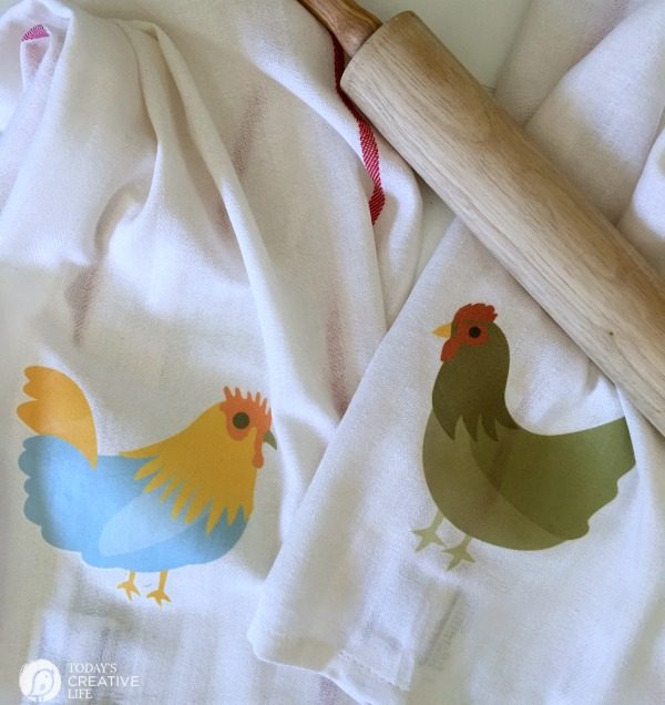 Iron On Chicken Tea Towels | Create easy home decor with iron on transfer paper. So many diy projects that make it easy to create homemade gifts, or transform any space with graphics you love. See the tutorial on TodaysCreativeLife.com