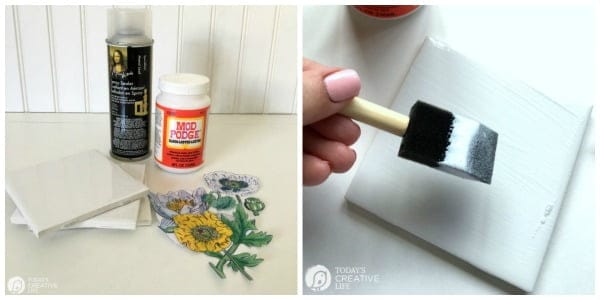 Craft supplies for making decoupaged ceramic coasters