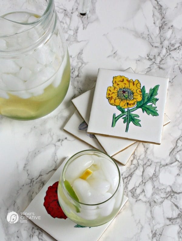 DIY Botanical Coasters | Make your own botanical coasters with ceramic tiles and a little mod podge! Create diy home decor using decoupage. See the tutorial on TodaysCreativeLife.com