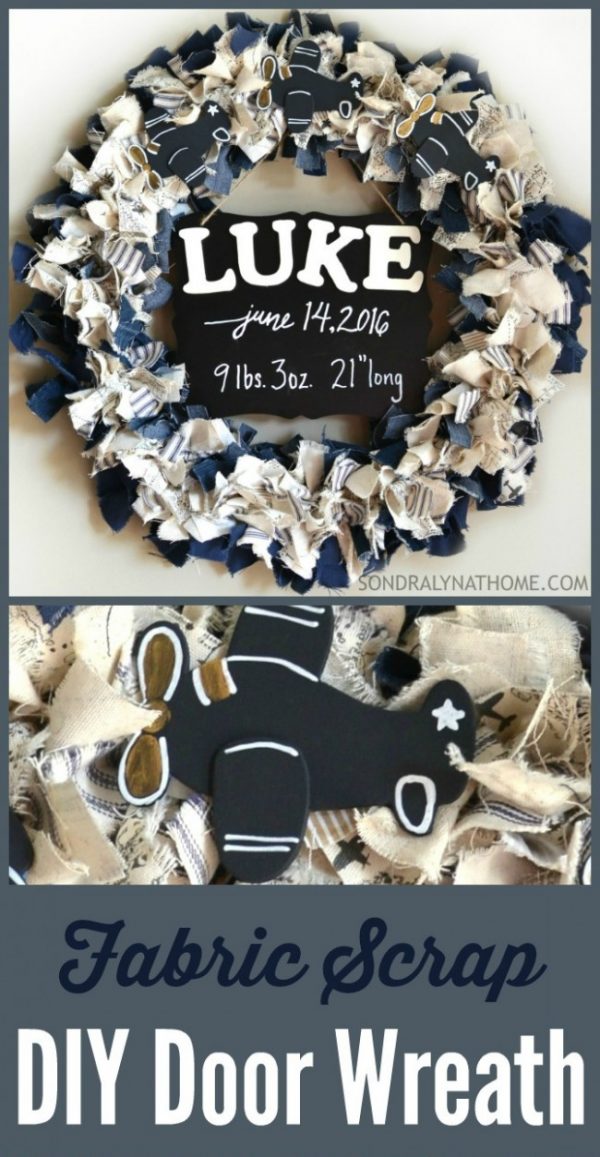 DIY Fabric Scrap Door Wreath | Make this no sew fabric scrap wreath for your next diy home project! Great for a DIY baby gift. Sondra Lyn at Home for TodaysCreativeLife.com