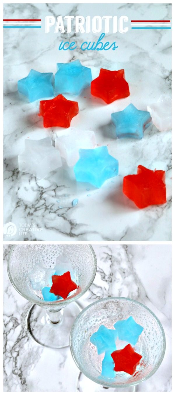 Patriotic Star Shape Ice Cubes in a glass.