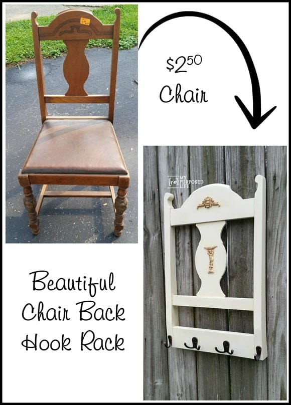 Repurposed Chair Back Coat Rack | This diy project creates a new coat rack from an old chair! See the step by step tutorial to make your own. My Repurposed Life for Today's Creative Life