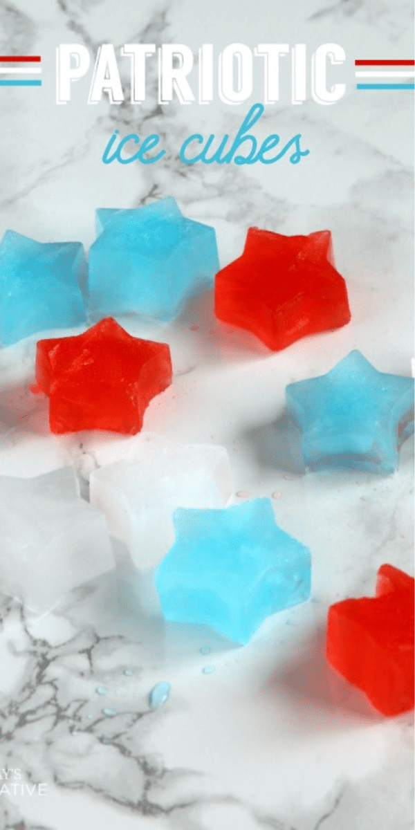 Patriotic star shaped ice cubes in red white and blue.