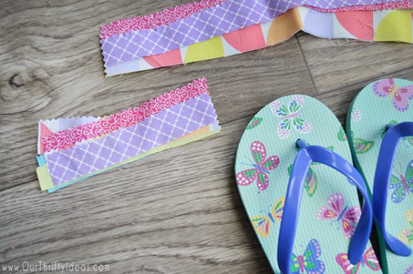 DIY Scrap Fabric Flip Flops | Follow this step by step tutorial to make your own fancy flip flops. This no sew craft is addicting! Our Thrifty Ideas for TodaysCreativeLife.com
