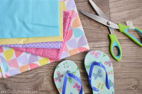 DIY Scrap Fabric Flip Flops | Follow this step by step tutorial to make your own fancy flip flops. This no sew craft is addicting! Our Thrifty Ideas for TodaysCreativeLife.com