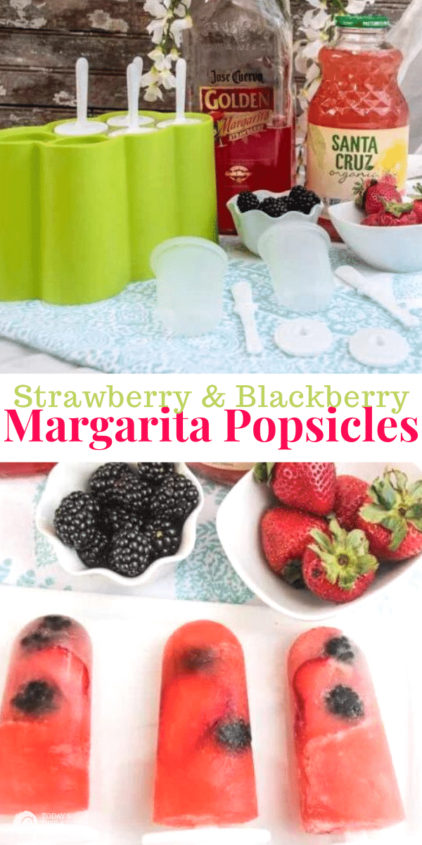 photo collage of popsicle supplies and 3 frozen pink popsicles with blackberries. Strawberry Blackberry Margarita Popsicles.