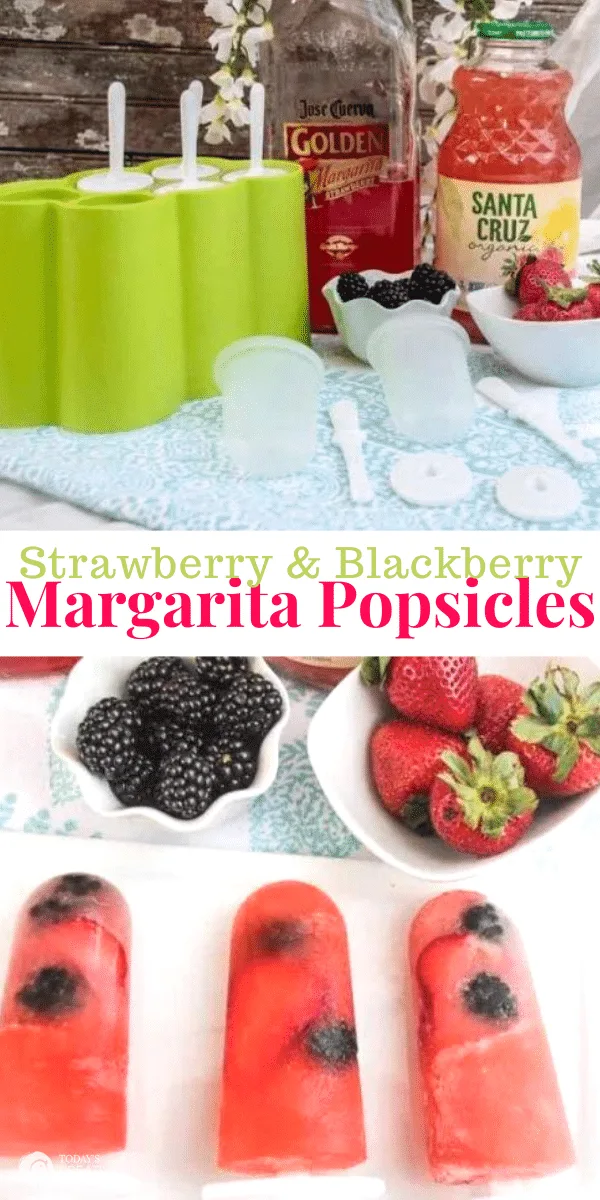 photo collage of popsicle supplies and 3 frozen pink popsicles with blackberries. Strawberry Blackberry Margarita Popsicles.