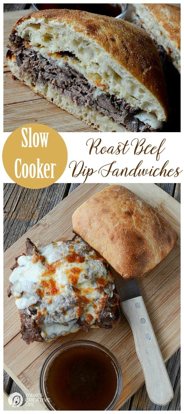 Slow Cooker Roast Beef Dip Sandwiches | This hearty crockpot recipes is for all french dip lovers! Served on a crisp ciabatta roll for extra crunch. Great for family dinners or weekend suppers. Get the recipe on TodaysCreativeLife.com