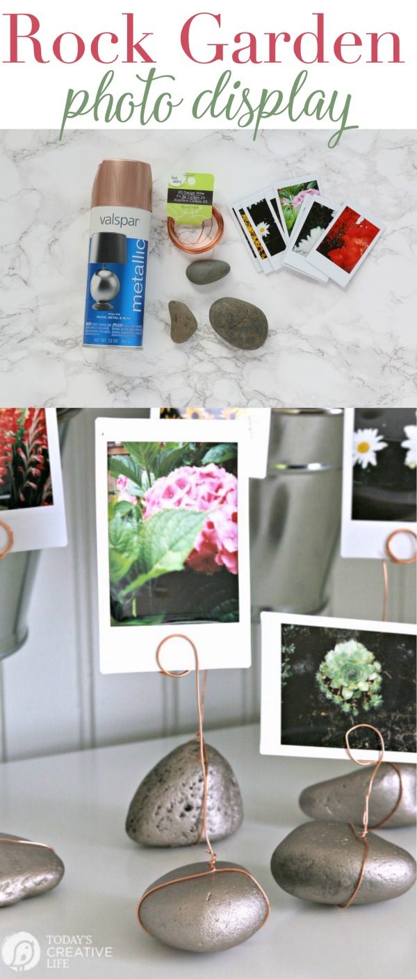 Rock Garden Photo Display |This DIY project is great for displaying any photos. Gather rocks from vacation destinations to display matching vacation photos. Follow my tutorial to make your own. TodaysCreativeLife.com