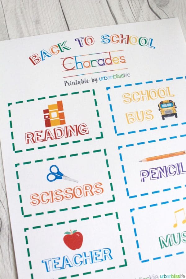 Back to School Charades Free Printable | This free printable for Back to School will get kids excited and focused! Bring in the fun! UrbanBlissLife for Today's Creative Life