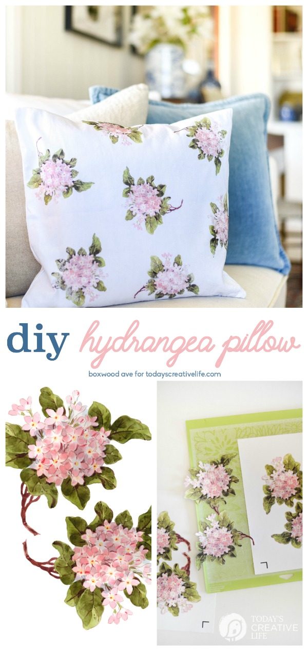 DIY Home Decor Hydrangea Throw Pillow by Boxwood Ave for Today's Creative Life. Create your own home decor with iron on transfers. See the tutorial on TodaysCreativeLife.com