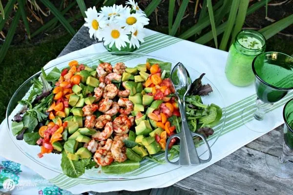 Shrimp Avocado Salad with Cilantro Avocado Dressing | This summer salad is bursting with flavor and color! Easy and quick to make. Find the recipe on TodaysCreativeLife.com Sponsored by California Avocados. 