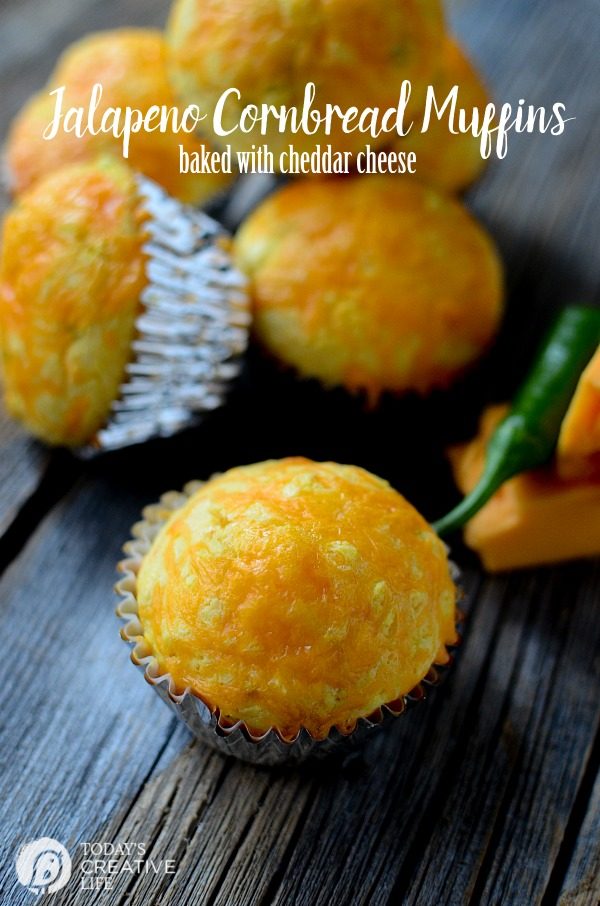 Jalapeno Cornbread Muffins baked with Cheddar Cheese | These cornbread muffins are great with my Enchilada soup or chili! Another easy dinner idea! Family friendly! See it on TodaysCreativeLife.com