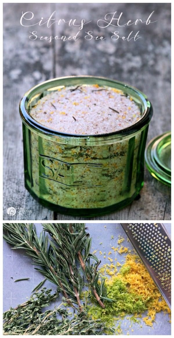 Citrus Seasoned Sea Salt in a vintage green glass jar.