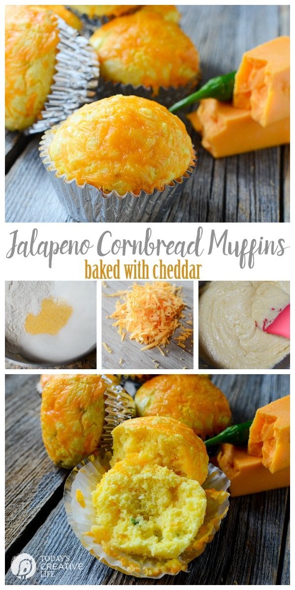 Jalapeno Cornbread Muffins baked with Cheddar Cheese | These cornbread muffins are great with my Enchilada soup or chili! Another easy dinner idea! Family friendly! See it on TodaysCreativeLife.com