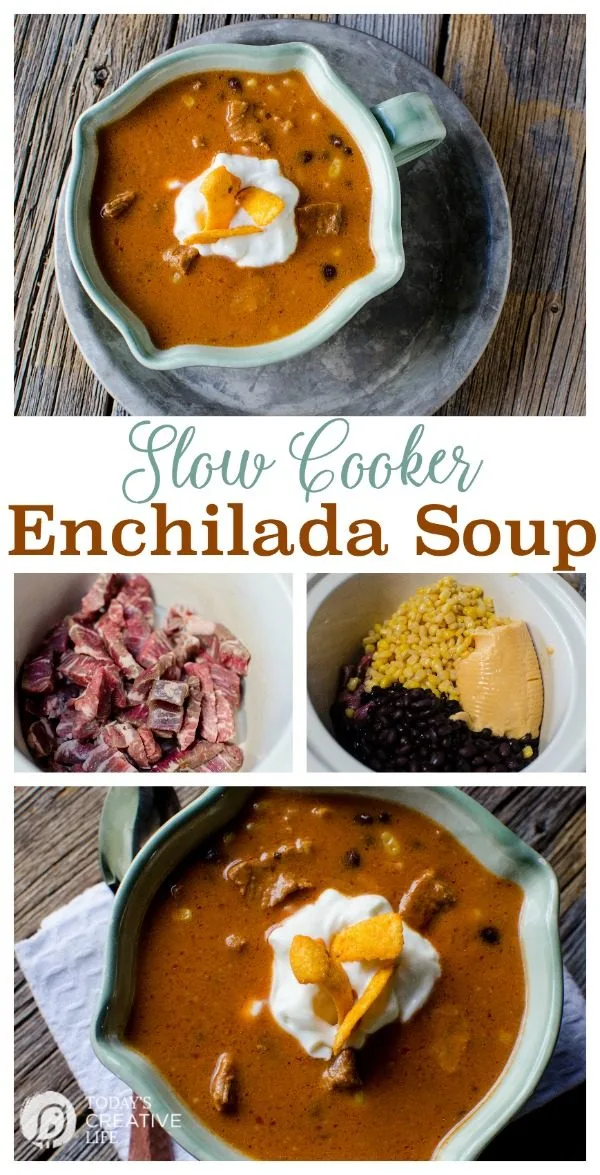 Bowl of slow cooker Enchilada Soup made with cuts of beef, beans, cheddar cheese soup and corn. 