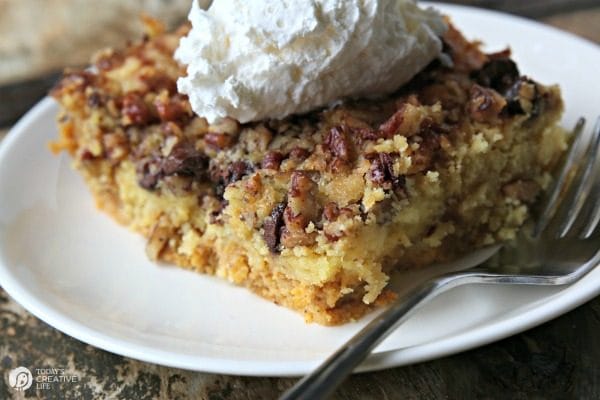 Pumpkin Crunch Cake with Chocolate Chips | This is a fall classic! Maybe you call it Pumpkin dump cake? So easy to make, and full of that pumpkin pie flavor! Click the photo for the recipe. Today's Creative Life