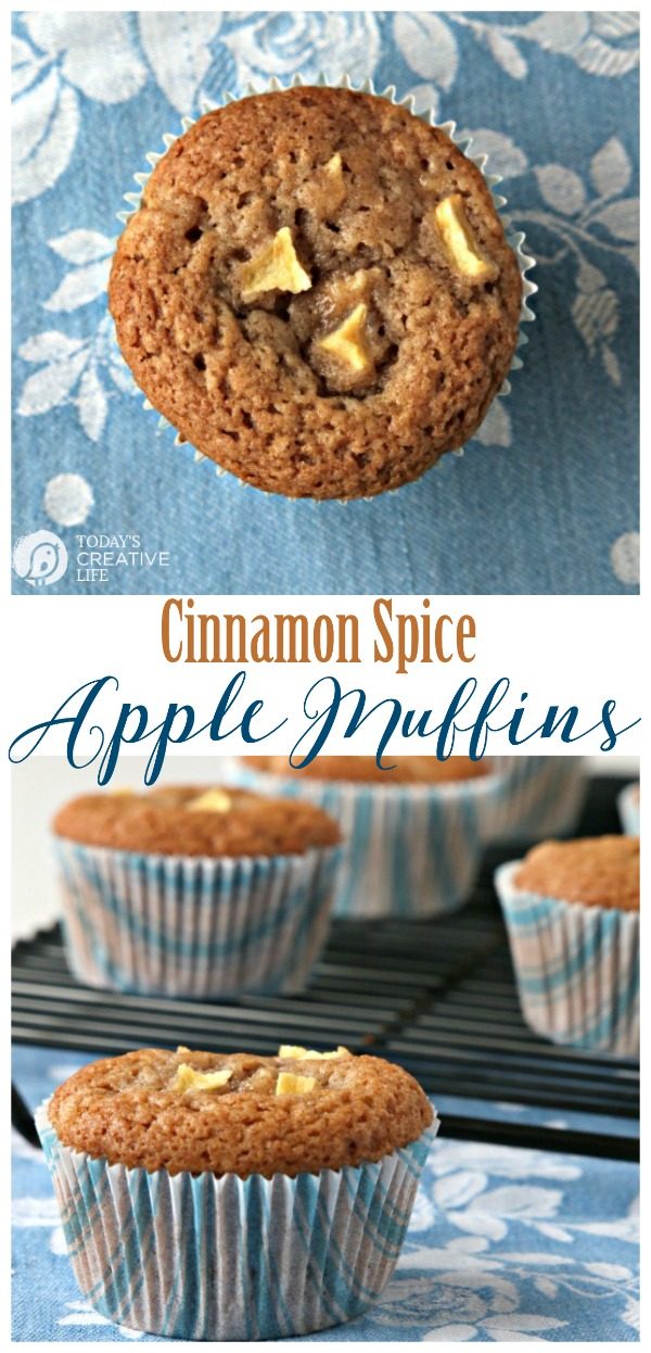 Apple Muffins | Whip up a batch of these Cinnamon Spice Apple Muffins for breakfast or a snack! Easy to make. Freeze the extras. Apple Muffins with apple pieces baked golden brown. 