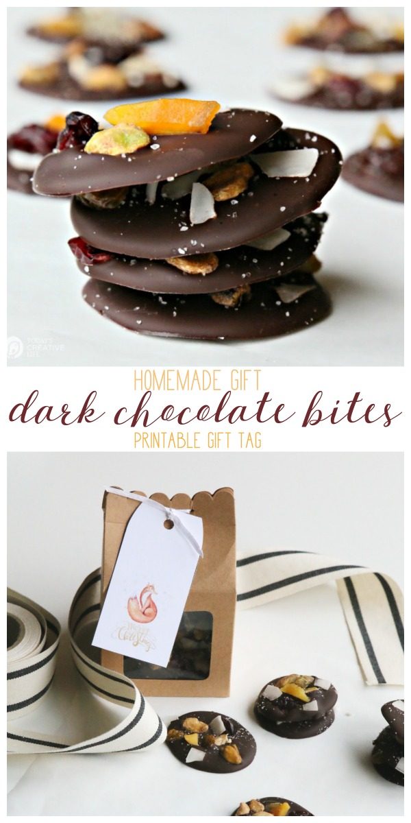 Dark Chocolate Nutty Fruit Bites| Easy holiday gifts from the kitchen. Great for neighbor gifts or to have on hand for last minute gift giving. Free Christmas tag found on TodaysCreativeLife.com 