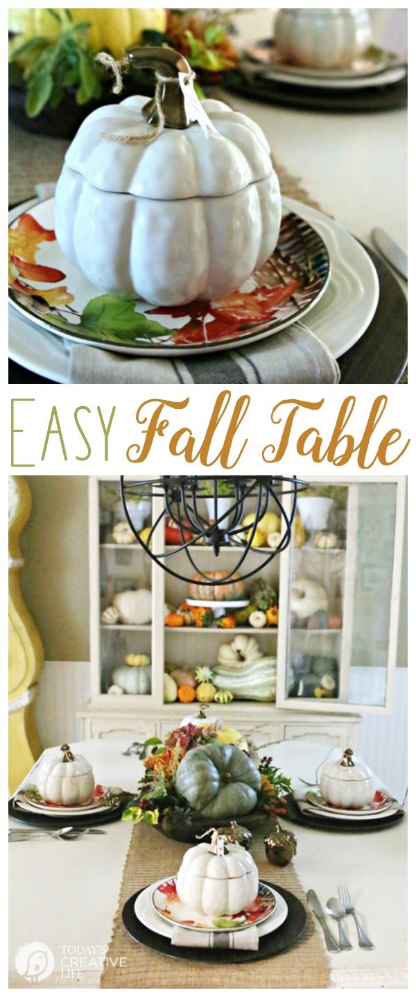 Easy Fall Table Decor | Create a beautiful autumn tablescape that's great for October through Thanksgiving. Create this easy centerpiece with natural elements from your yard. Click the photo for more ideas. TodaysCreativeLife.com