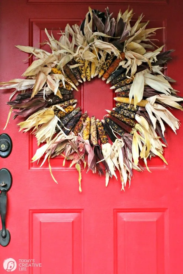 DIY Indian Corn Wreath Fall Porch | DIY Fall Wreath Tutorial found on TodaysCreativeLife.com