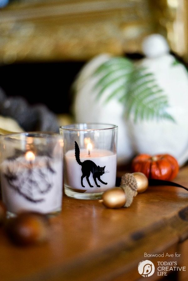 DIY Halloween Votives | Create your own DIY Halloween Decor with this simple craft. Using a Cricut Explore or an Xacto knife for your design. Click the photo for a full tutorial. TodaysCreativeLife.com