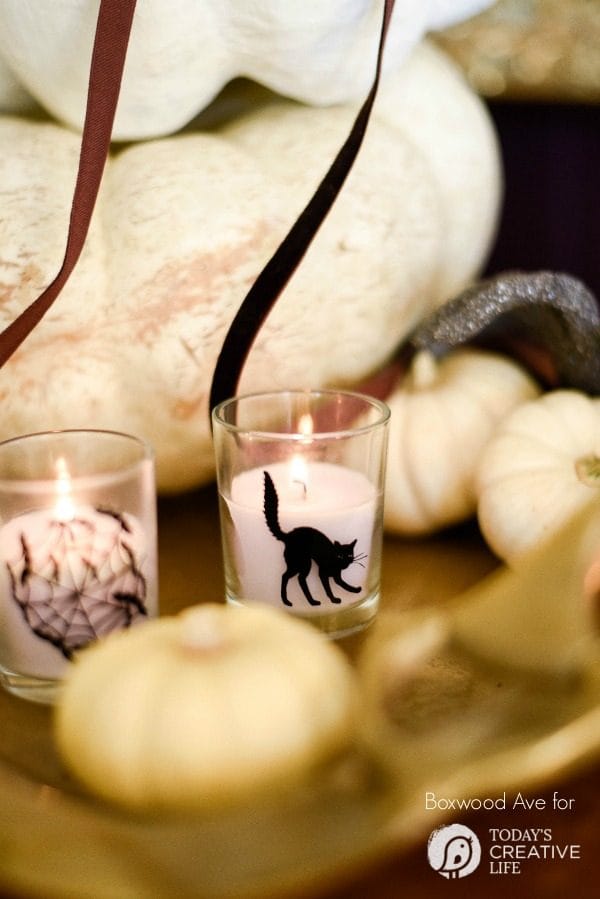 DIY Halloween Votives | Create your own DIY Halloween Decor with this simple craft. Using a Cricut Explore or an Xacto knife for your design. Click the photo for a full tutorial. TodaysCreativeLife.com