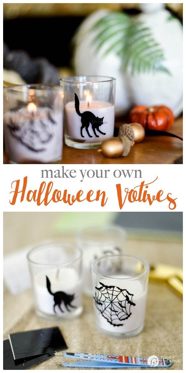 DIY Halloween Votives | Create your own DIY Halloween Decor with this simple craft. Using a Cricut Explore or an Xacto knife for your design. Click the photo for a full tutorial. TodaysCreativeLife.com