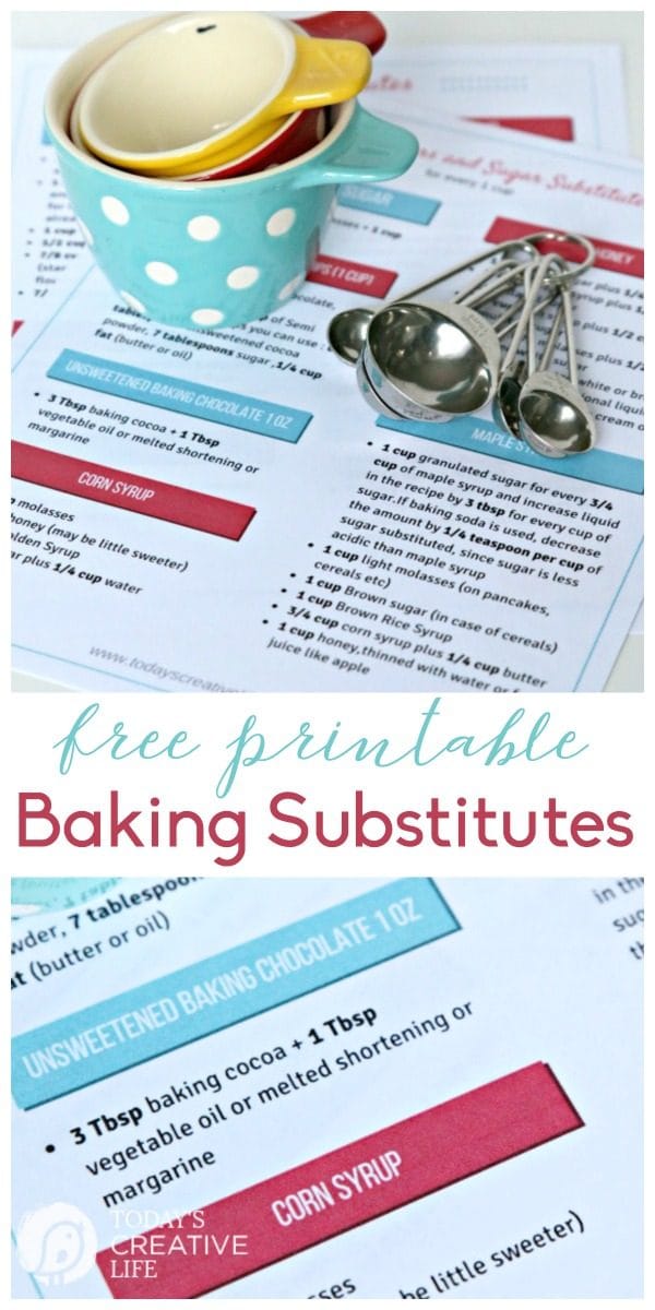 Free Printable Baking Substitutes | Here's your list for flour substitutes, sugar and sweetener substitutes. Find a substitute for corn syrup, brown sugar, honey and more. Grab your free copy by clicking on the photo. TodaysCreativeLife.com