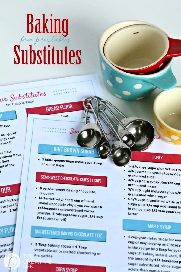 Free Printable Baking Substitutes | Here's your list for flour substitutes, sugar and sweetener substitutes. Find a substitute for corn syrup, brown sugar, honey and more. Grab your free copy by clicking on the photo. TodaysCreativeLife.com