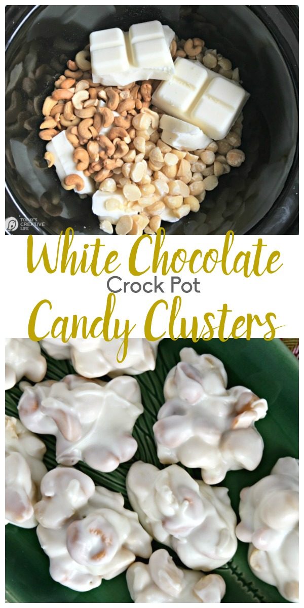Crock Pot Candy | this white chocolate cashew & macadamia nut clusters are easily made right in your slow cooker! Makes a great holiday gift. See more on TodaysCreativeLife.com
