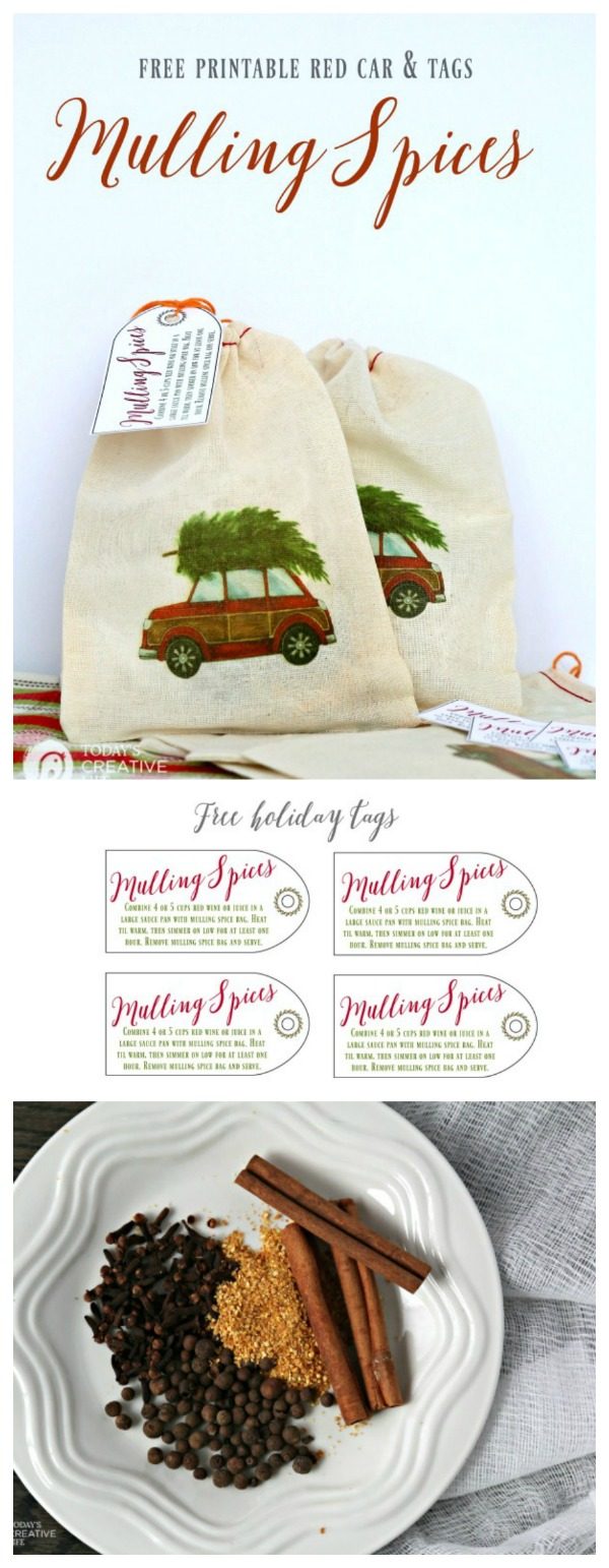 Mulling Spice Recipe | Great for Mulled Wine or Cider. Make your own mulled spice bags for an easy DIY gift idea. Use my red car & Christmas tree to iron on small muslin bags. Free printable Mulling Spices Gift Tag. TodaysCreativeLife.com