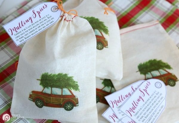 Mulling Spice Recipe | Great for Mulled Wine or Cider. Make your own mulled spice bags for an easy DIY gift idea. Use my red car & Christmas tree to iron on small muslin bags. Free printable Mulling Spices Gift Tag. TodaysCreativeLife.com