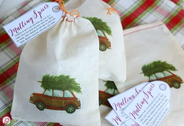 Mulling Spice Recipe | Great for Mulled Wine or Cider. Make your own mulled spice bags for an easy DIY gift idea. Use my red car & Christmas tree to iron on small muslin bags. Free printable Mulling Spices Gift Tag. TodaysCreativeLife.com
