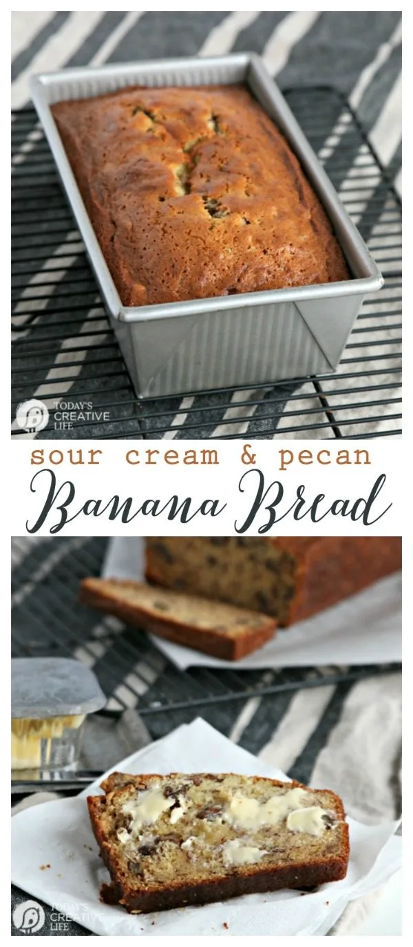 homemade banana bread with sour cream and pecans