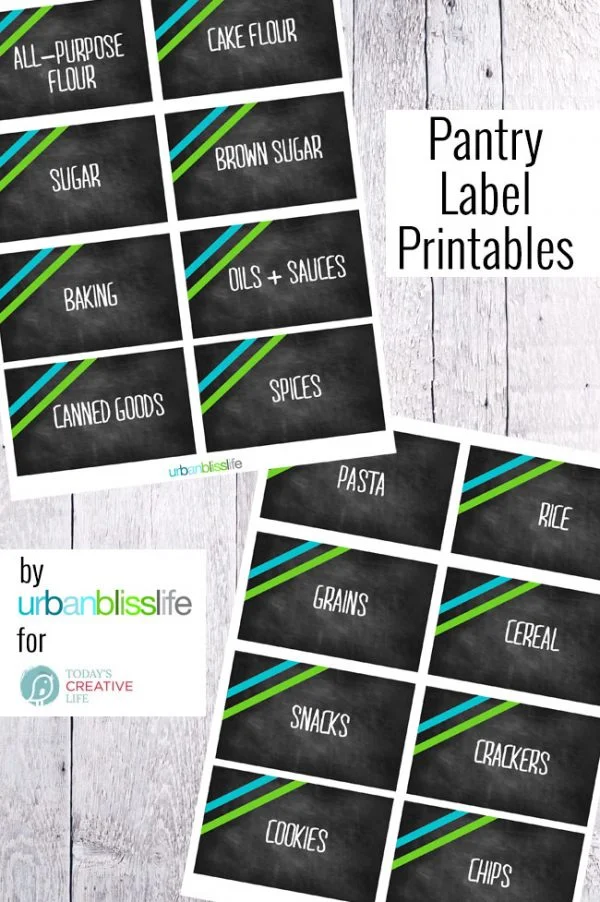 Free Printable Pantry Labels | Time to organize your food pantry. These cute printable labels will bring order to your space. This modern take on a chalkboard label will look great! Get yours on TodaysCreativeLife | Designed by UrbanBlissLife