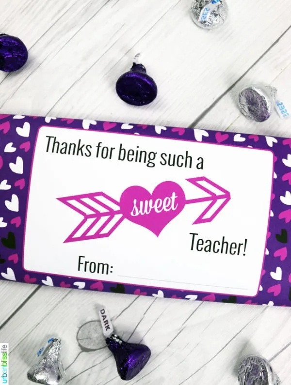 Valentines day printable candy bar wrapper in purple, pink and white for large candy bars