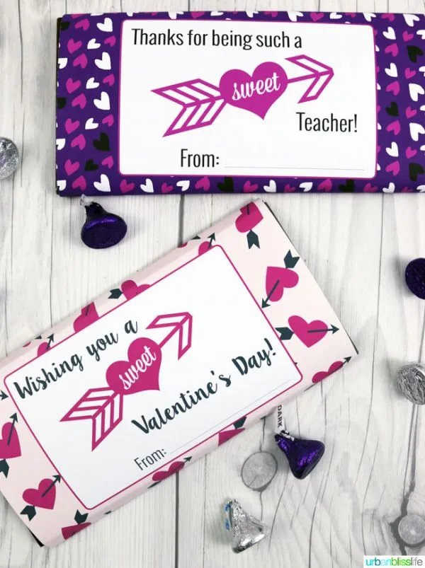 Valentines Candy Bar Wrappers | Download your Free printable Valentine idea for Valentine's Day. There's even one for the classroom teacher. Designed by UrbanBlissLife for Today's Creative Life.