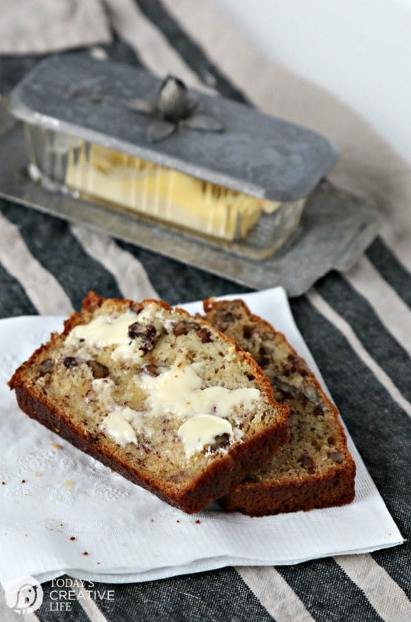 buttered slices of banana bread made with sour cream