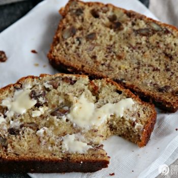 slices of a banana bread recipe with sour cream and pecans