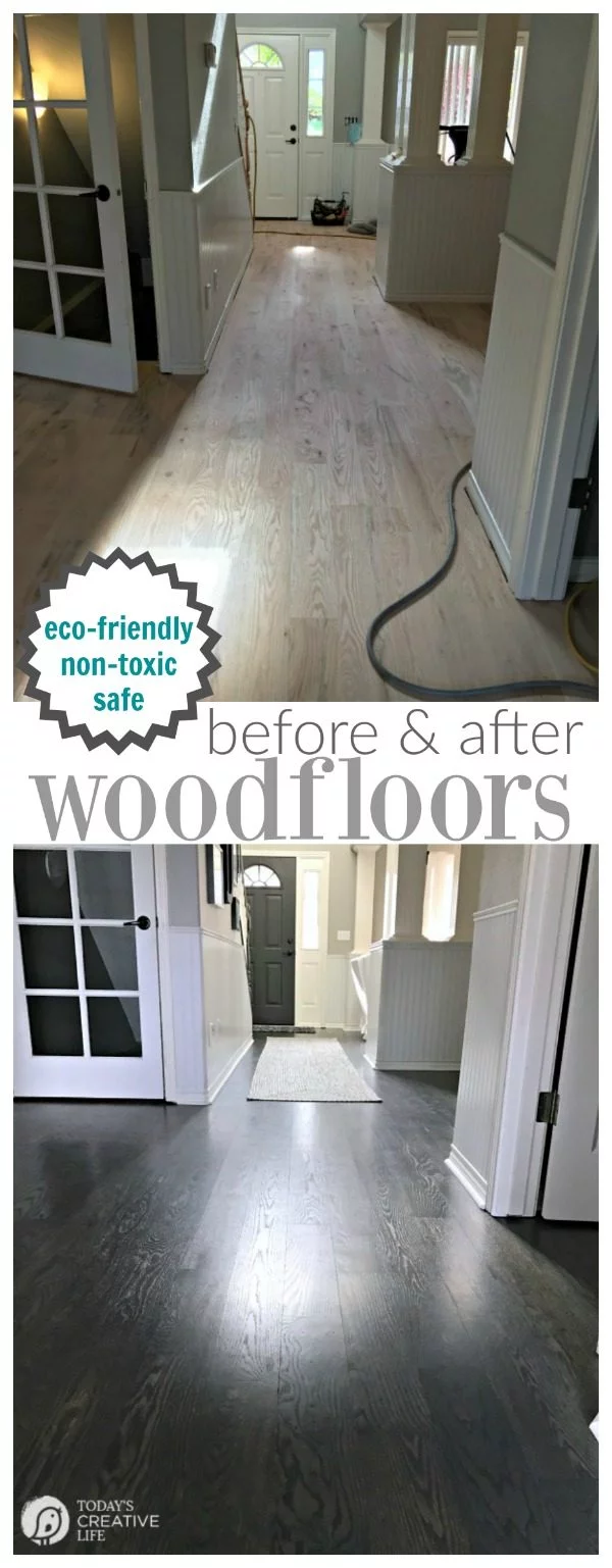 before and after photos of an eco friendly hardwood floor finish