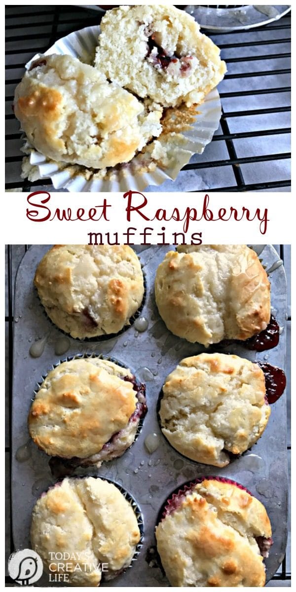 Sweet Raspberry Muffins Recipe | This muffin is great for breakfast or dessert! Using a baking mix for easy mixing, makes this recipe quick! Find the full recipe on TodaysCreativeLife.com