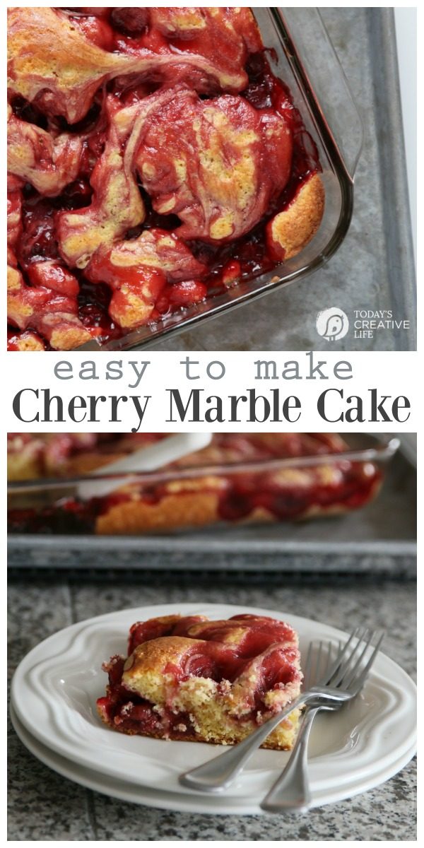 Photo collage of a cherry marble sheet cake. 