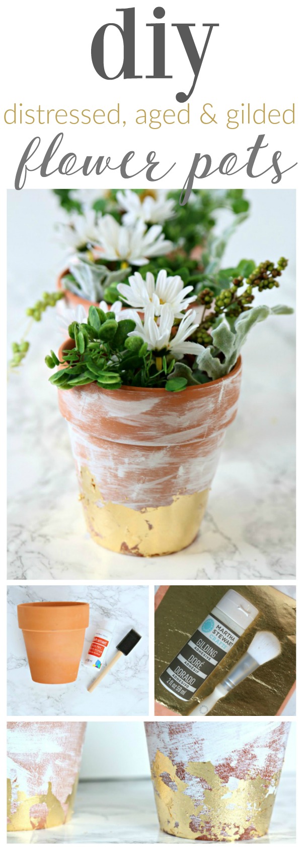 DIY Distressed Gold Leaf Terracotta Pots - Learn how to age, distress and gold leaf any terracotta pot the easy way. Step by step tutorial. Click the photo to see how. TodaysCreativeLife.com