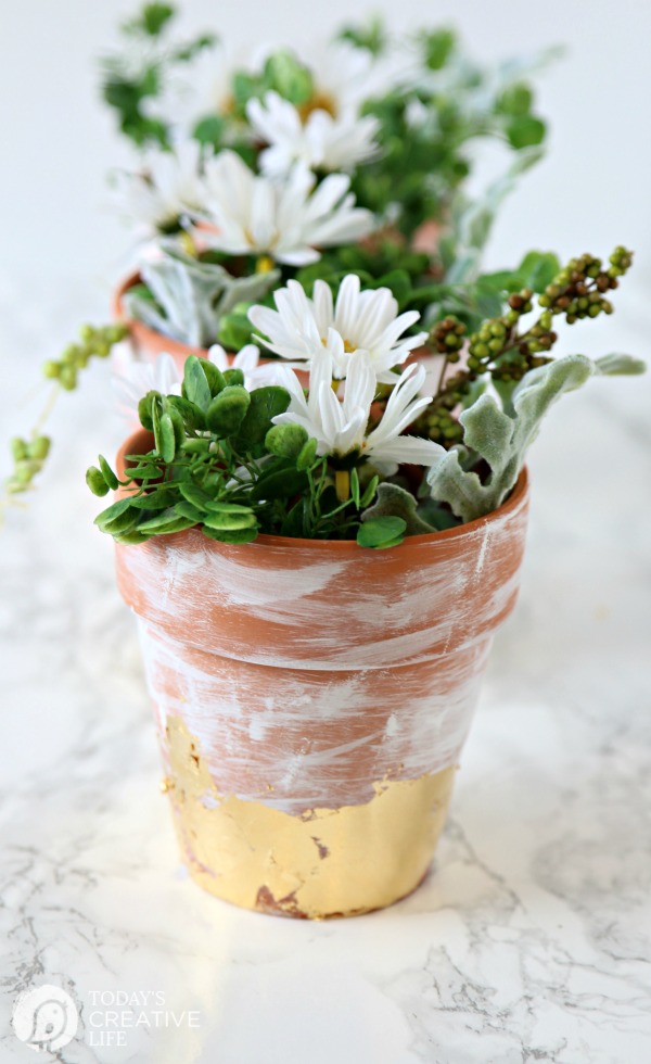 DIY Distressed Gold Leaf Terracotta Pots - Learn how to age, distress and gold leaf any terracotta pot the easy way. Step by step tutorial. Click the photo to see how. TodaysCreativeLife.com