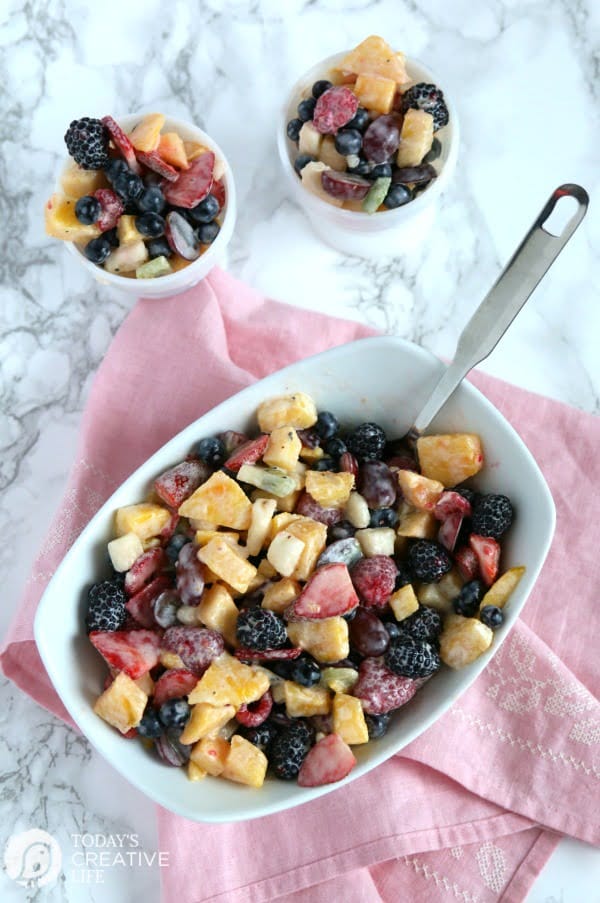 Fruit Salad Recipe | Enjoy this mixed fruit recipe with sour cream fruit salad dressing. Brunch recipe, summer salad recipe. TodaysCreativelife.com