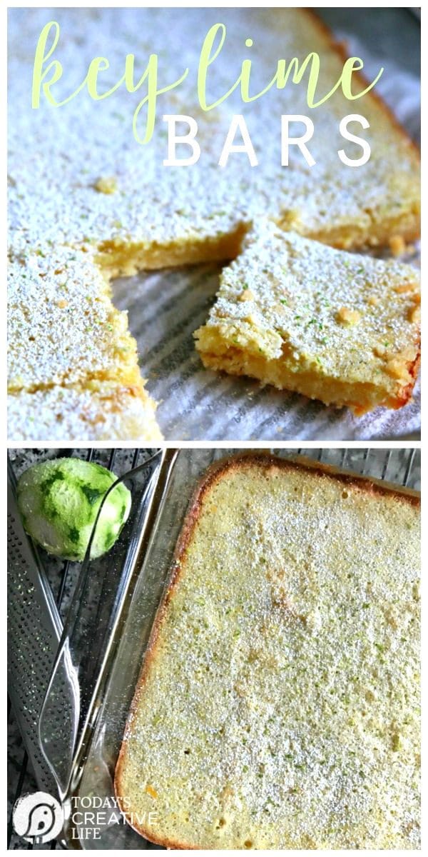 Key Lime Bars | Like Lemon bars, this classic Key Lime Bar recipe packs a pucker! This springtime dessert is great for Easter, bake sales, and picnics! Click the photo to find the recipe. TodaysCreativeLife.com