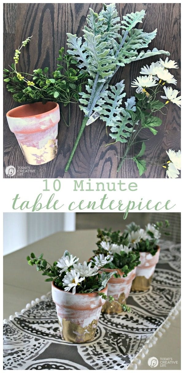 Table Centerpiece Ideas | How to use artificial greens and flowers for perfect everyday decorating for your home. Simple DIY & inexpensive. Easy to create this spring centerpiece in 10 minutes. See more on TodaysCreativeLife.com