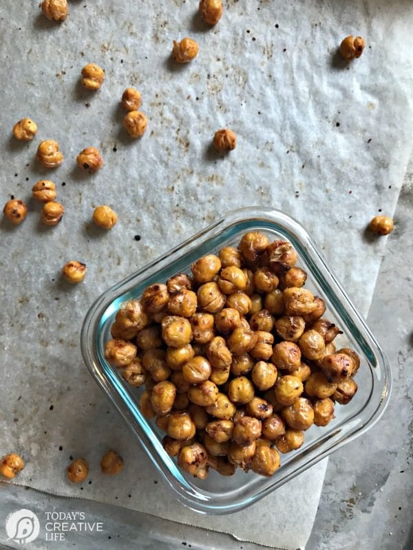 Roasted Chickpeas | Healthy, High Protein snacks. Make this crunchy snack spicy, sweet, savory or plain. Easy to make. Click the photo for the recipe. TodaysCreativeLife.com